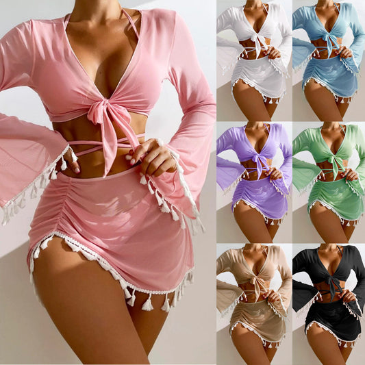 4pcs Solid Color Bikini With Short Skirt And Long Sleeve Cover-up Fashion Bow Tie Fringed Swimsuit Set Summer Beach Womens Clothing - Teresa's Fashionista LLC