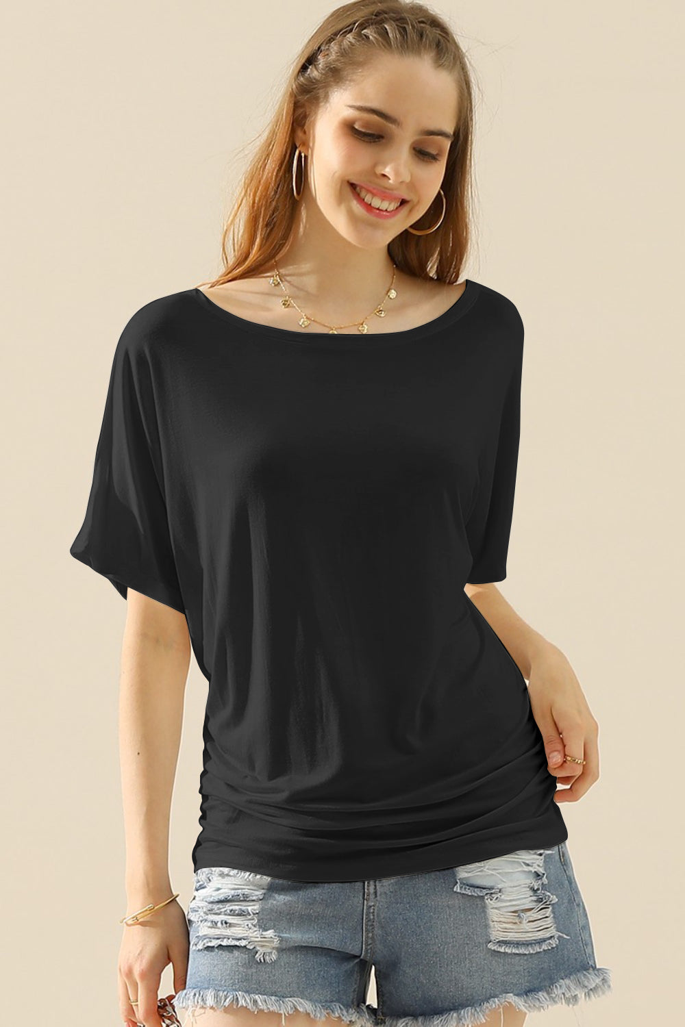 Ninexis Boat Neck Short Sleeve Ruched Side Top-Teresa&#39;s Fashionista LLC