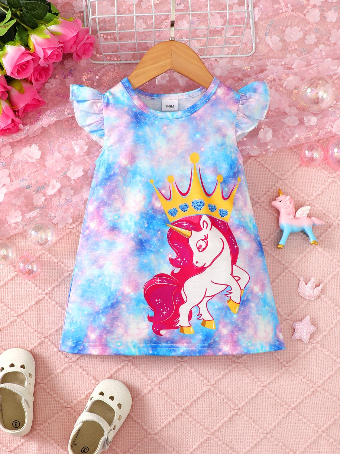 Unicorn Graphic Round Neck Ruffled Dress-Teresa&#39;s Fashionista LLC