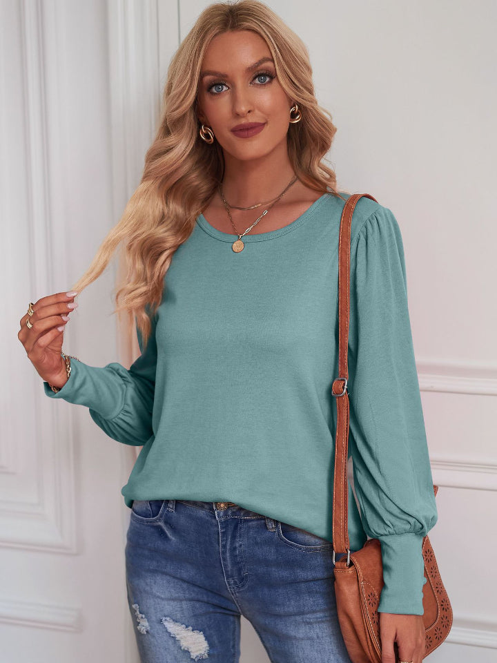 Round Neck Lantern Sleeve Blouse-Teresa&#39;s Fashionista LLC