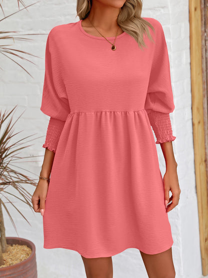 Round Neck Lantern Sleeve Mini Dress-Teresa&#39;s Fashionista LLC