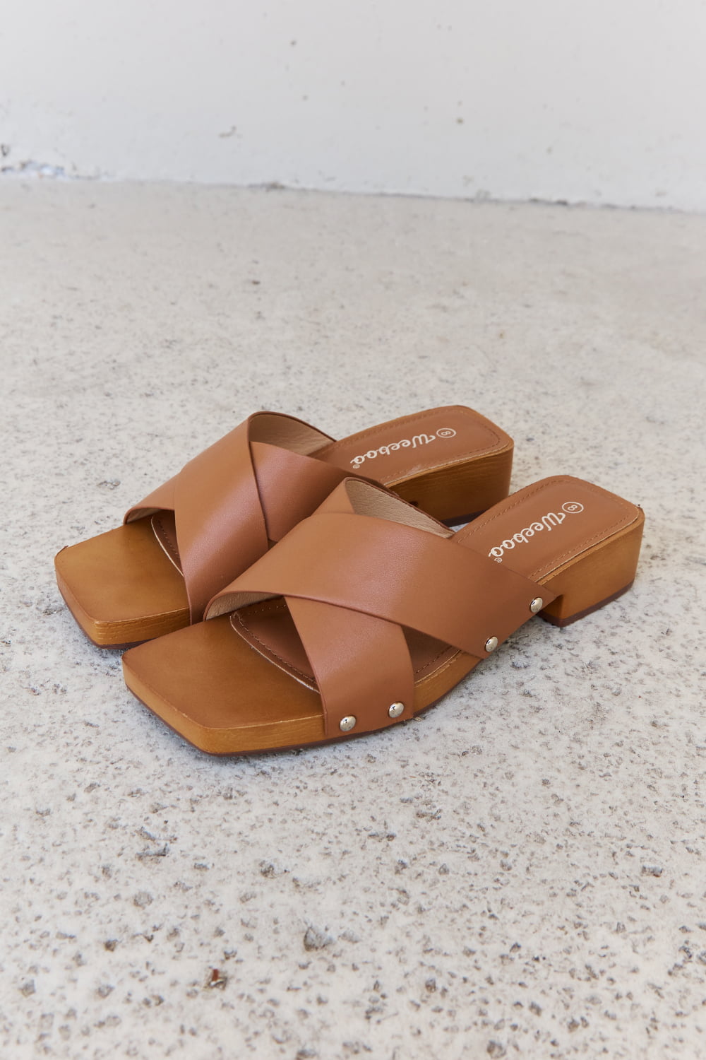 Weeboo Step Into Summer Criss Cross Wooden Clog Mule in Brown-Teresa&#39;s Fashionista LLC