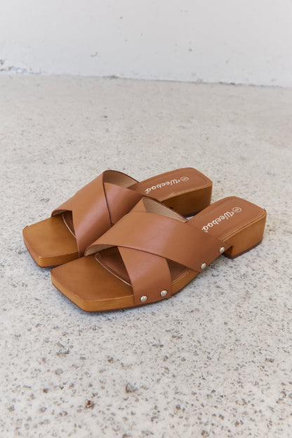 Weeboo Step Into Summer Criss Cross Wooden Clog Mule in Brown-Teresa&#39;s Fashionista LLC