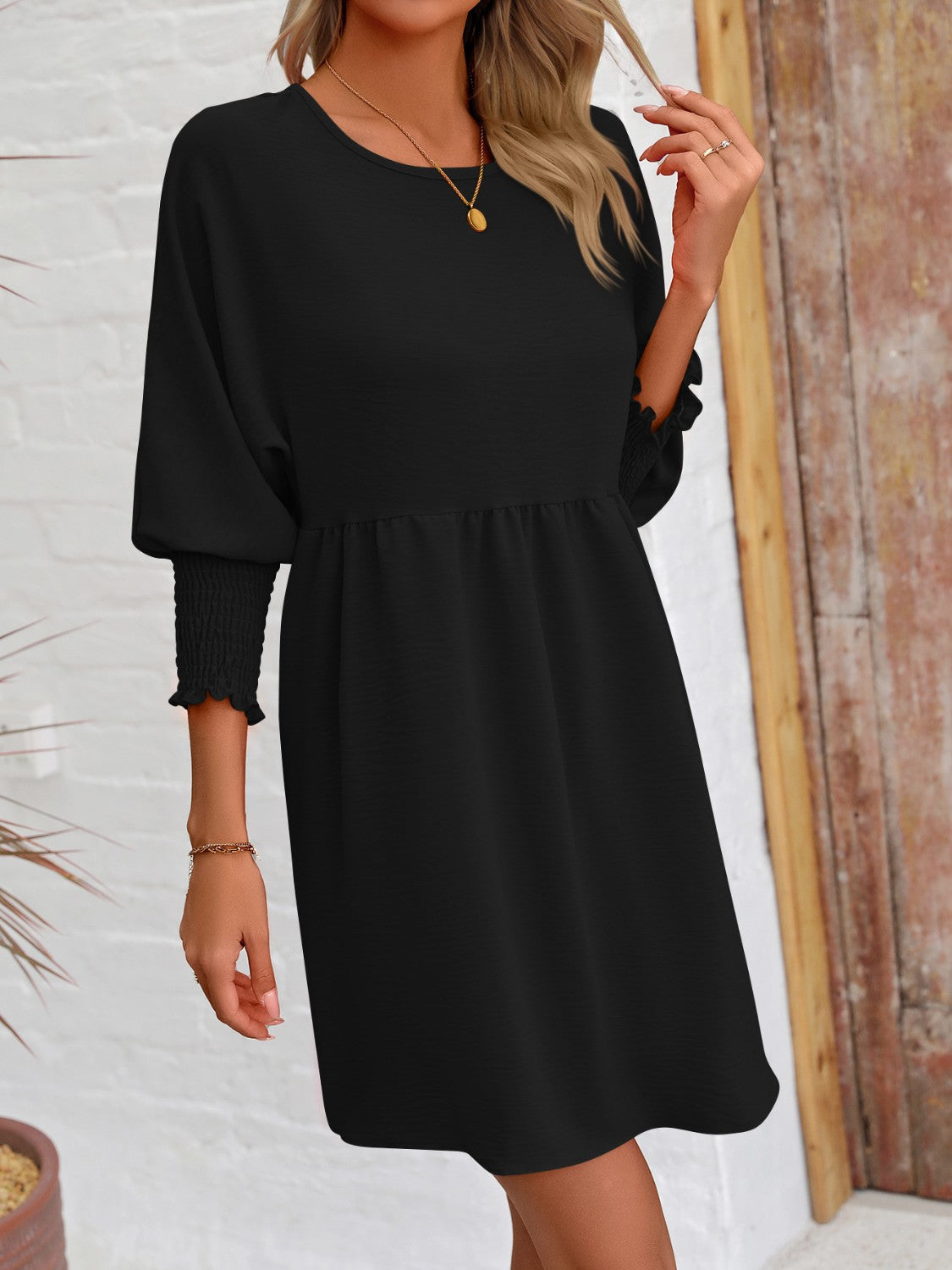 Round Neck Lantern Sleeve Mini Dress-Teresa&#39;s Fashionista LLC