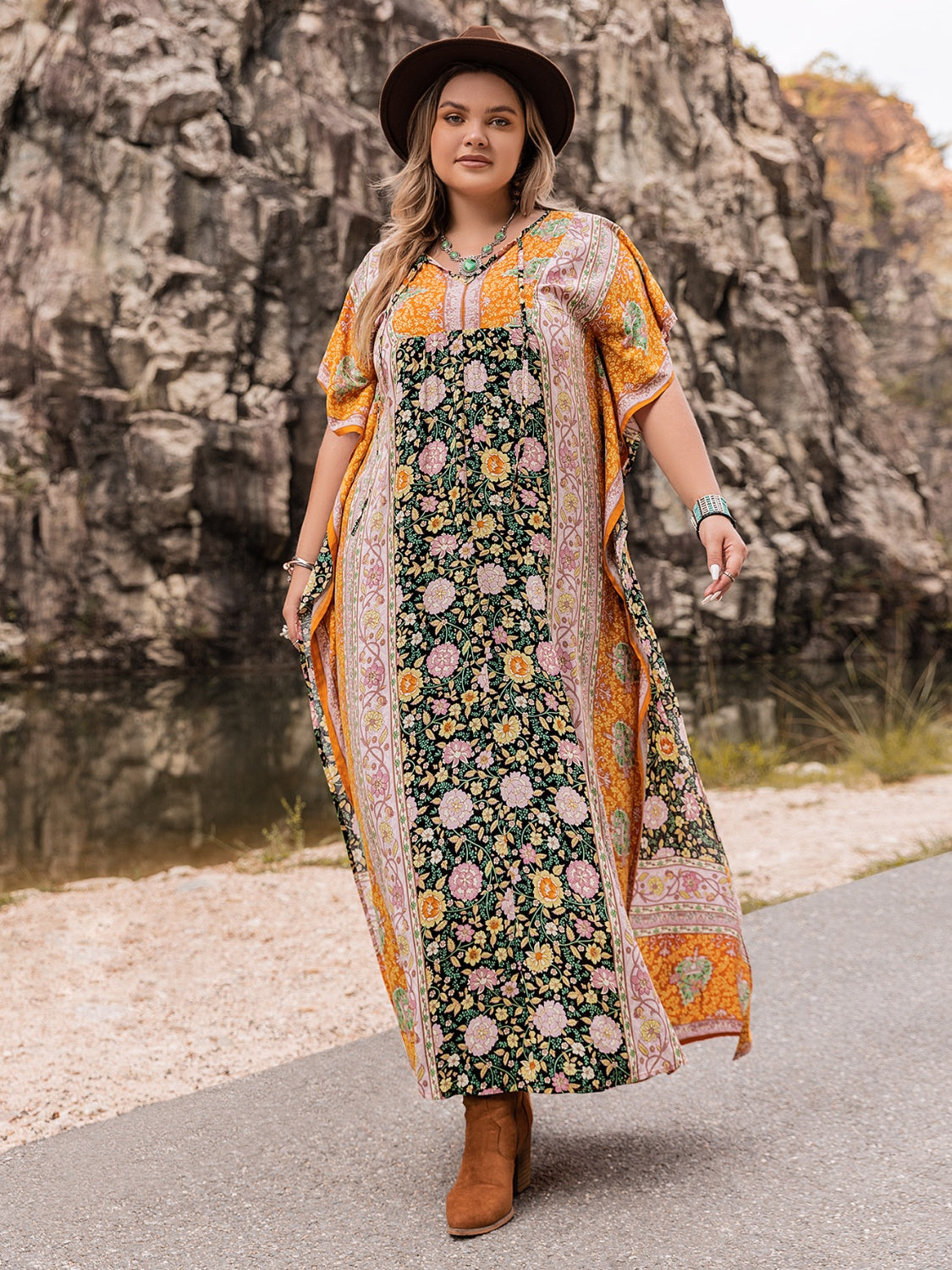 Plus Size Tie Neck Maxi Dress-Teresa&#39;s Fashionista LLC