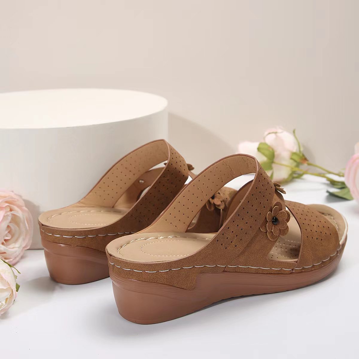 Flower PU Leather Wedge Sandals-Teresa&#39;s Fashionista LLC