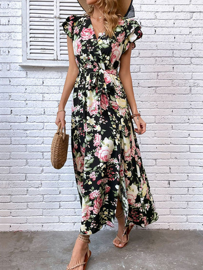 Floral Flutter Sleeve Tie-Waist Split Dress-Teresa&#39;s Fashionista LLC