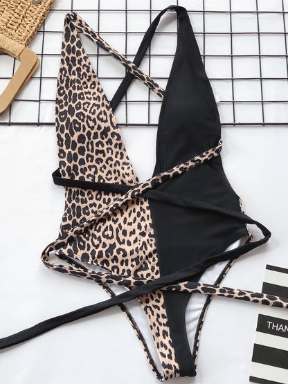 Tied Leopard Plunge One-Piece Swimwear-Teresa&#39;s Fashionista LLC