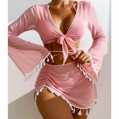 4pcs Solid Color Bikini With Short Skirt And Long Sleeve Cover-up Fashion Bow Tie Fringed Swimsuit Set Summer Beach Womens Clothing-Teresa&#39;s Fashionista LLC