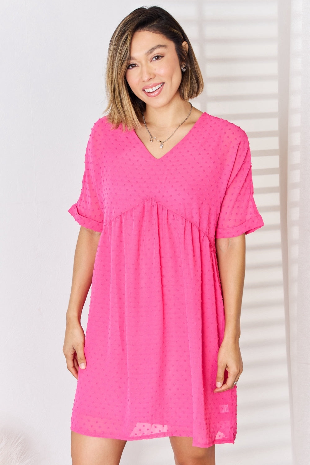 Zenana Swiss Dot Rolled Short Sleeve Babydoll Dress-Teresa&#39;s Fashionista LLC