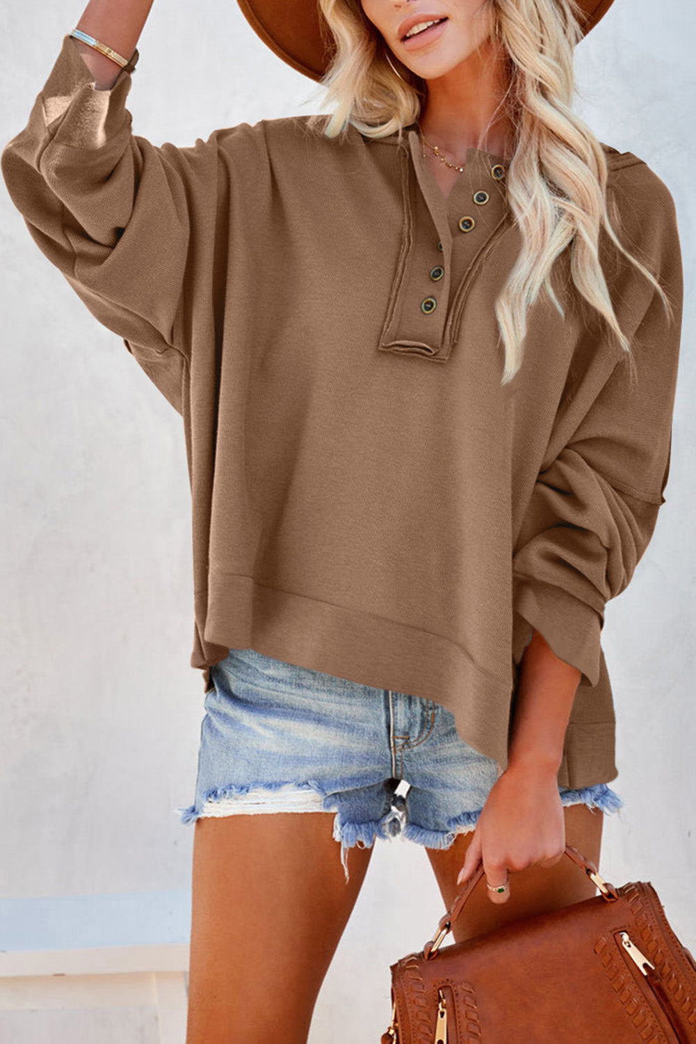 Quarter-Button Exposed Seam Dropped Shoulder Hoodie-Teresa&#39;s Fashionista LLC