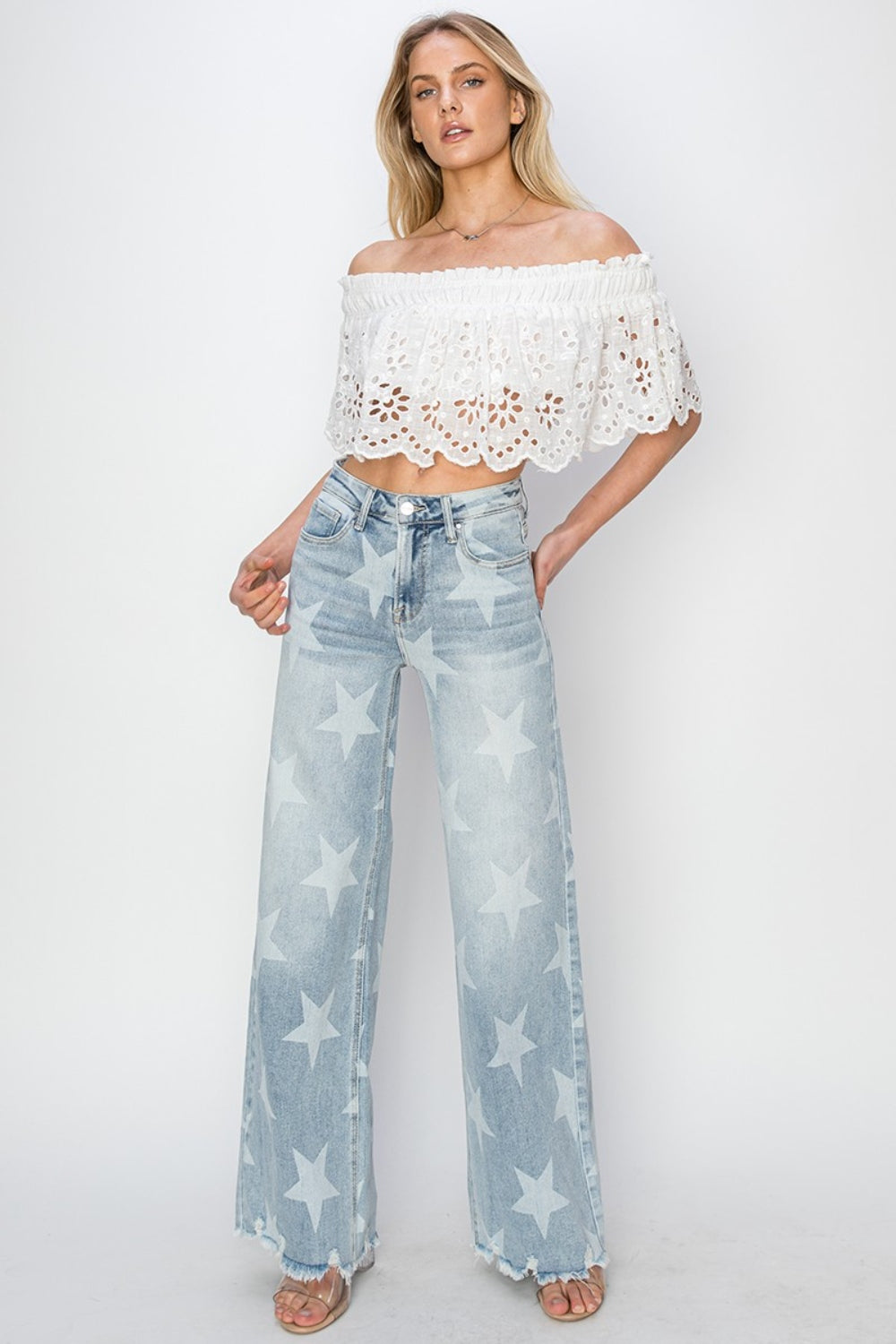 RISEN Full Size Raw Hem Star Wide Leg Jeans-Teresa&#39;s Fashionista LLC