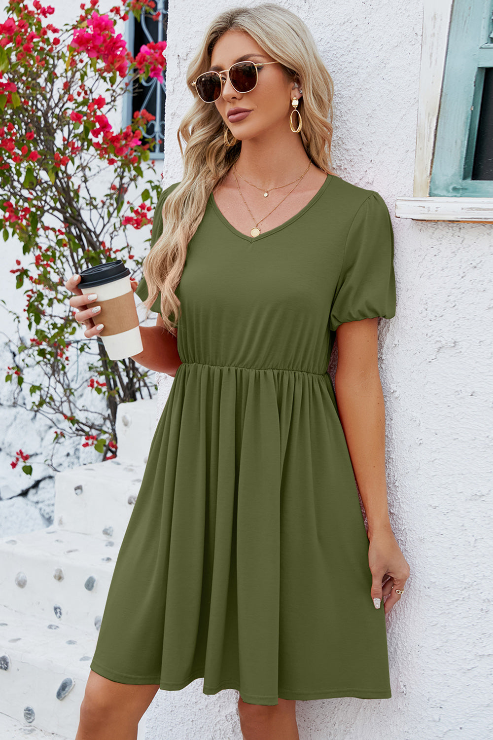 V-Neck Balloon Short Sleeve Dress-Teresa&#39;s Fashionista LLC