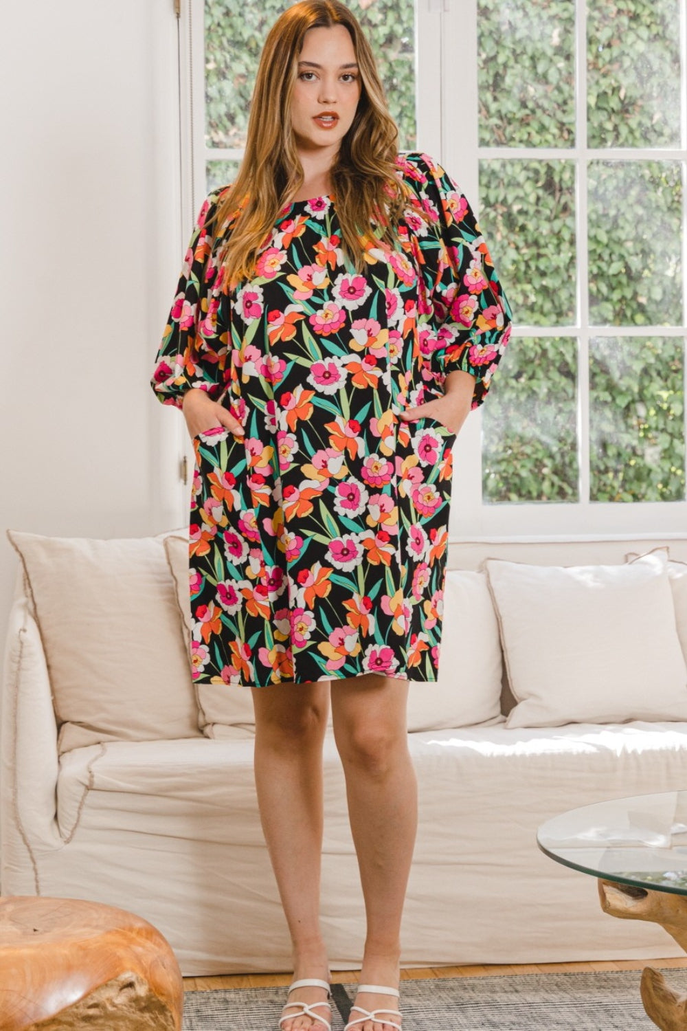 ODDI Full Size Floral Puff Sleeve Mini Dress-Teresa&#39;s Fashionista LLC