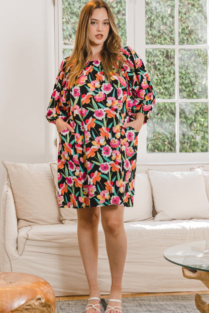 ODDI Full Size Floral Puff Sleeve Mini Dress-Teresa&#39;s Fashionista LLC