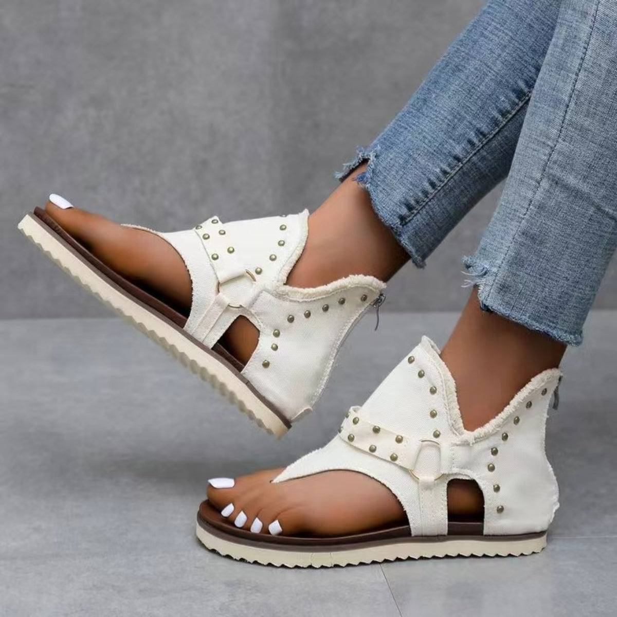 Studded Raw Hem Flat Sandals-Teresa&#39;s Fashionista LLC