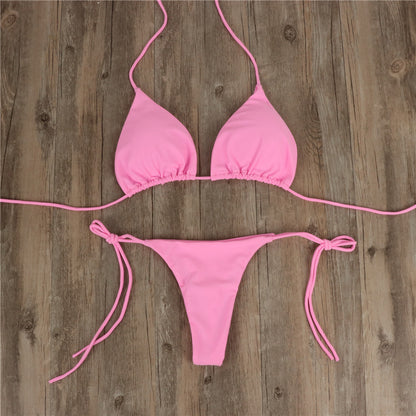 2pcs Halterneck Lace-up Bikini Women Summer Solid Color Sexy Split Strap Adjustable Swimsuit Suit-Teresa&#39;s Fashionista LLC