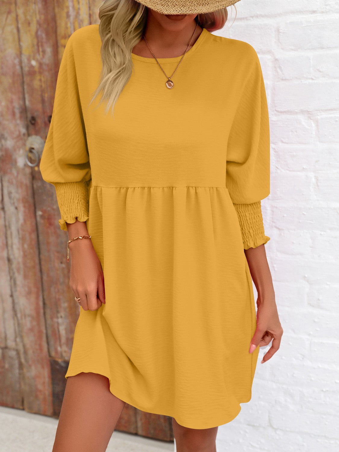 Round Neck Lantern Sleeve Mini Dress-Teresa&#39;s Fashionista LLC