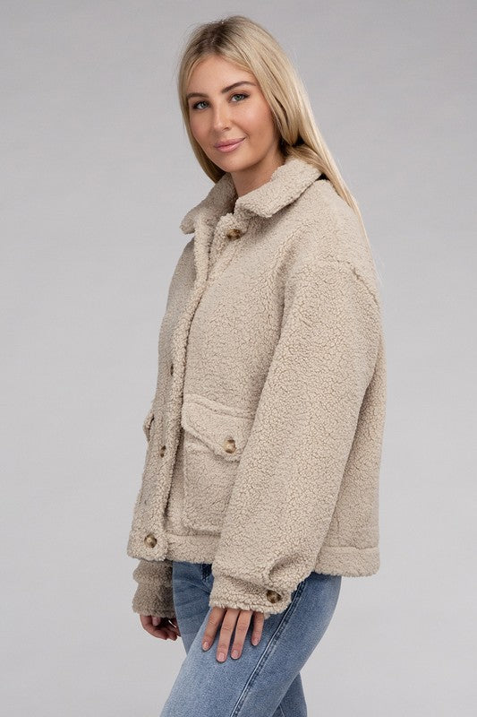 Cozy Sherpa Button-Front Jacket-Teresa&#39;s Fashionista LLC