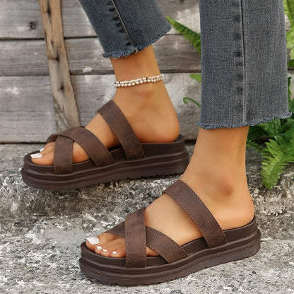 Crisscross PU Leather Flat Sandals-Teresa&#39;s Fashionista LLC