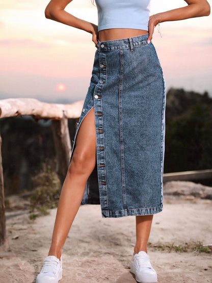 Button Down Denim Skirt-Teresa&#39;s Fashionista LLC