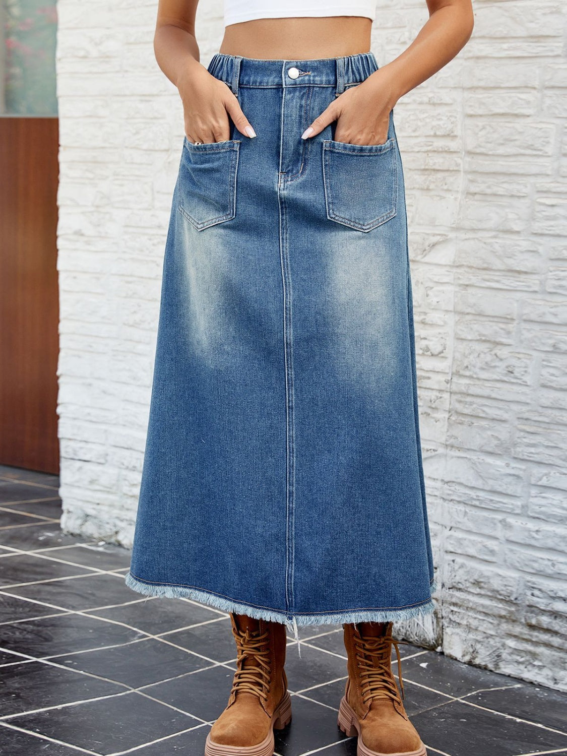 Raw Hem Buttoned Denim Skirt with Pockets-Teresa&#39;s Fashionista LLC