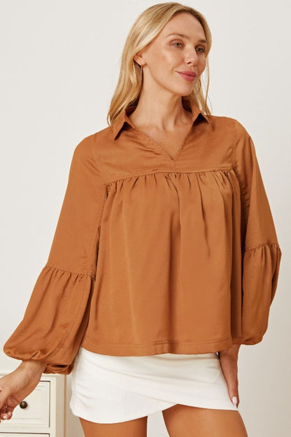 Balloon Sleeve Collared Neck Blouse-Teresa&#39;s Fashionista LLC