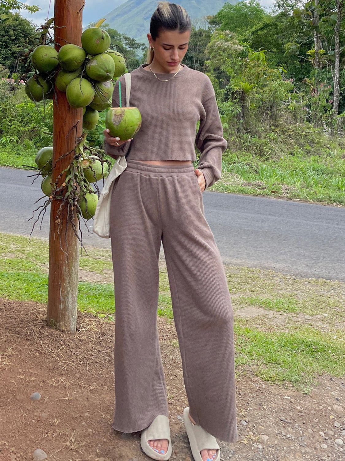 Waffle-Knit Round Neck Top and Pants Set-Teresa&#39;s Fashionista LLC