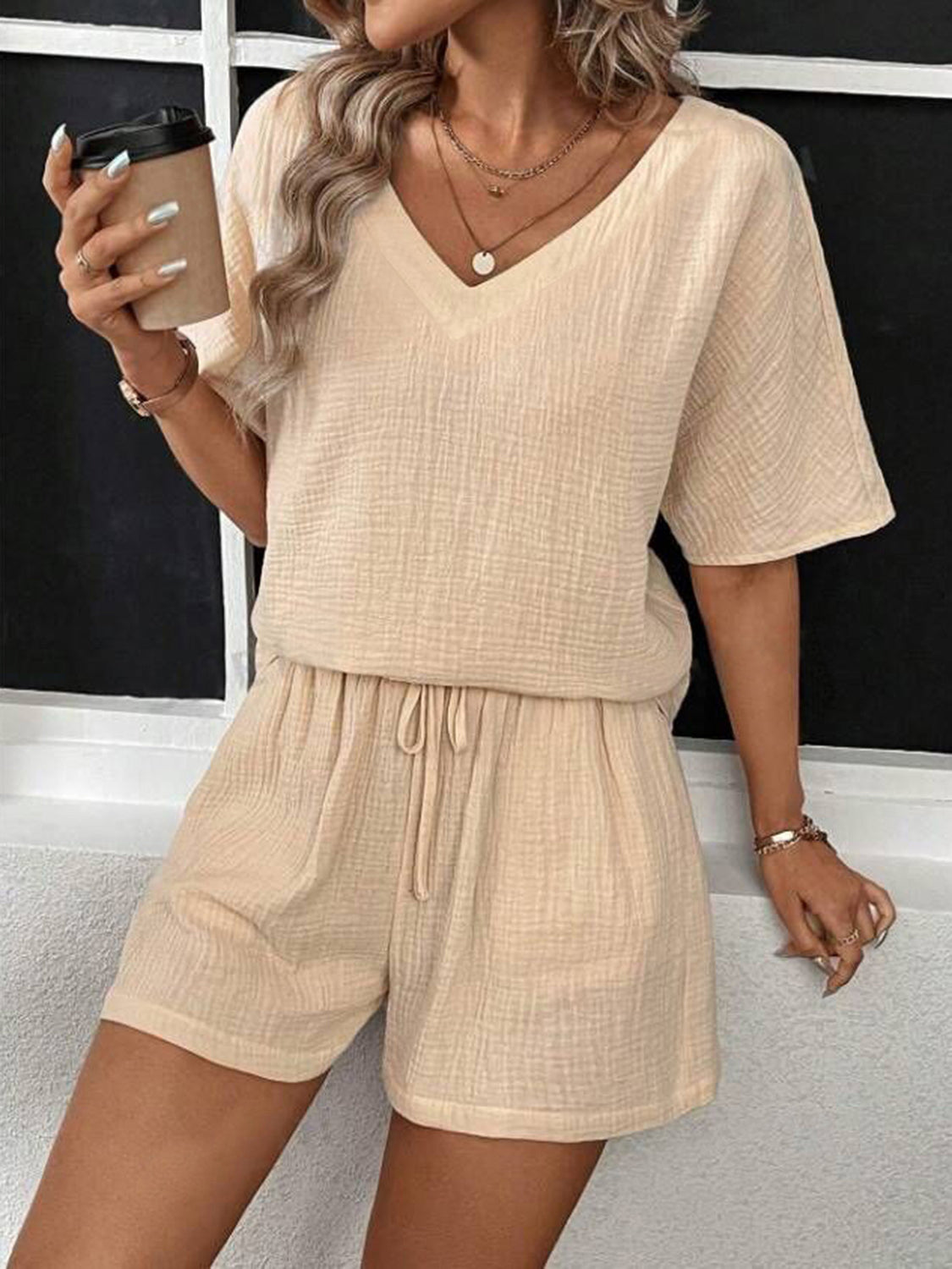 V-Neck Half Sleeve Top and Shorts Set-Teresa&#39;s Fashionista LLC