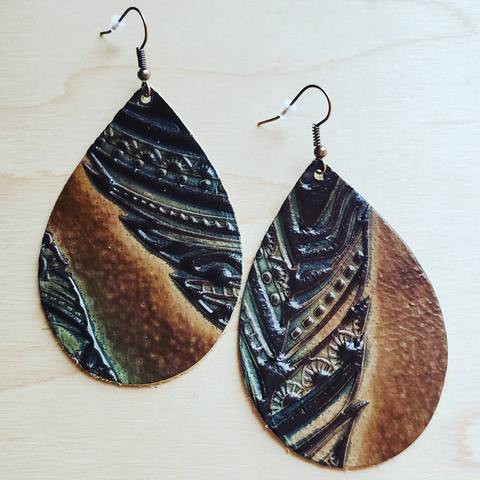 Earrings in Embossed Tan/Turquoise Feathers-Teresa&#39;s Fashionista LLC