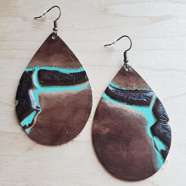 Leather Earrings in Brown/Turquoise Steer Heads-Teresa&#39;s Fashionista LLC