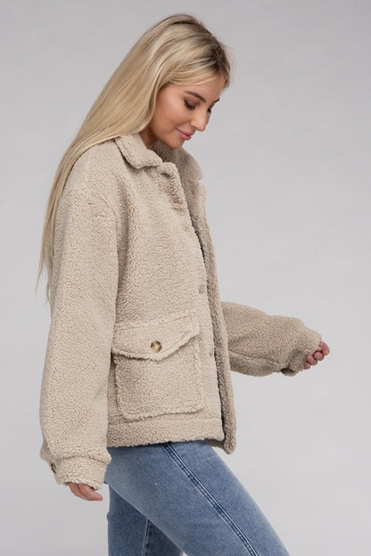 Cozy Sherpa Button-Front Jacket-Teresa&#39;s Fashionista LLC