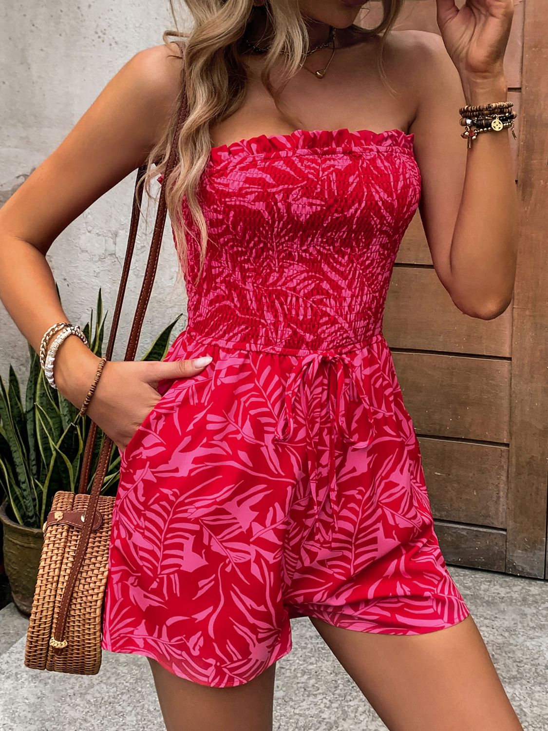 Smocked Printed Tube Romper with Pockets-Teresa&#39;s Fashionista LLC