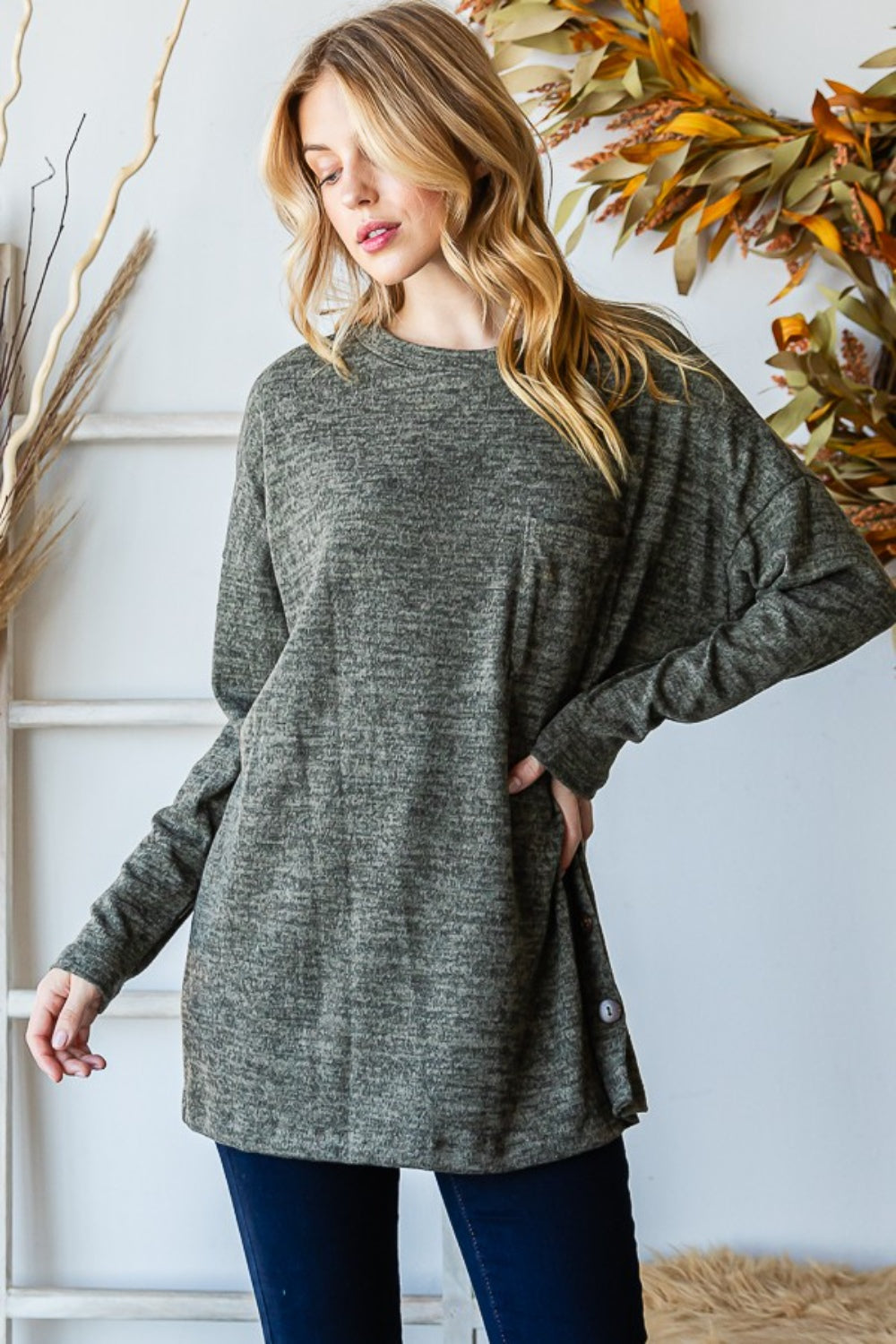 Reborn J Button Side Round Neck Long Sleeve T-Shirt-Teresa&#39;s Fashionista LLC