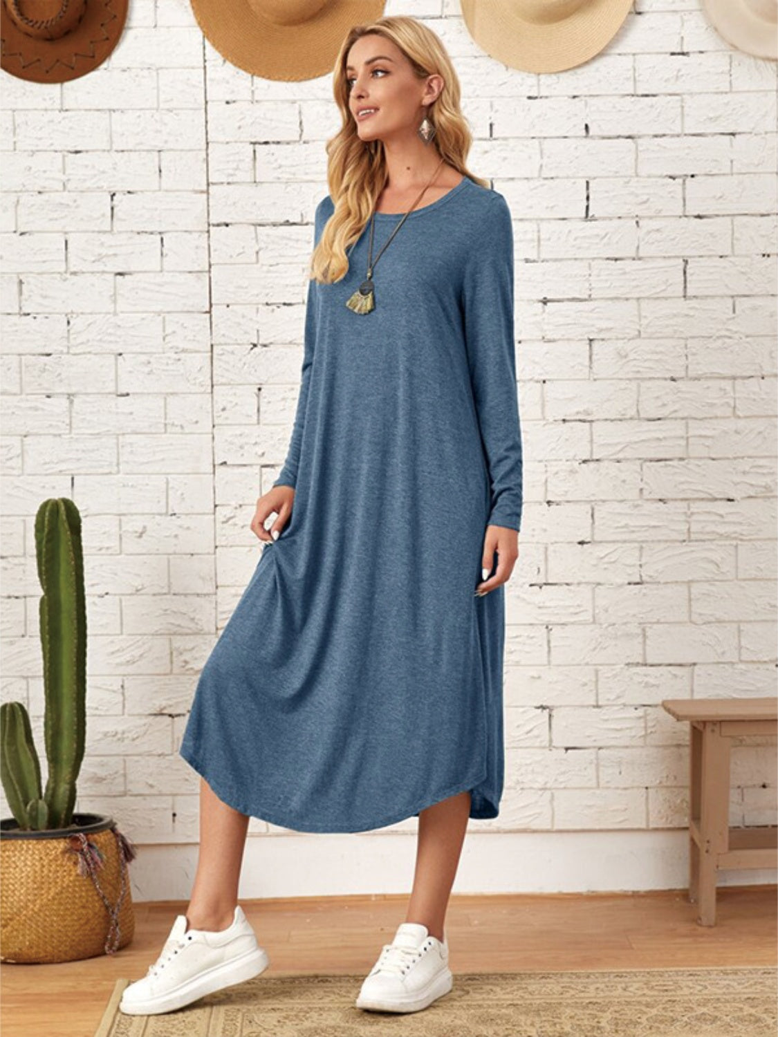 Pocketed Round Neck Long Sleeve Tee Dress-Teresa&#39;s Fashionista LLC