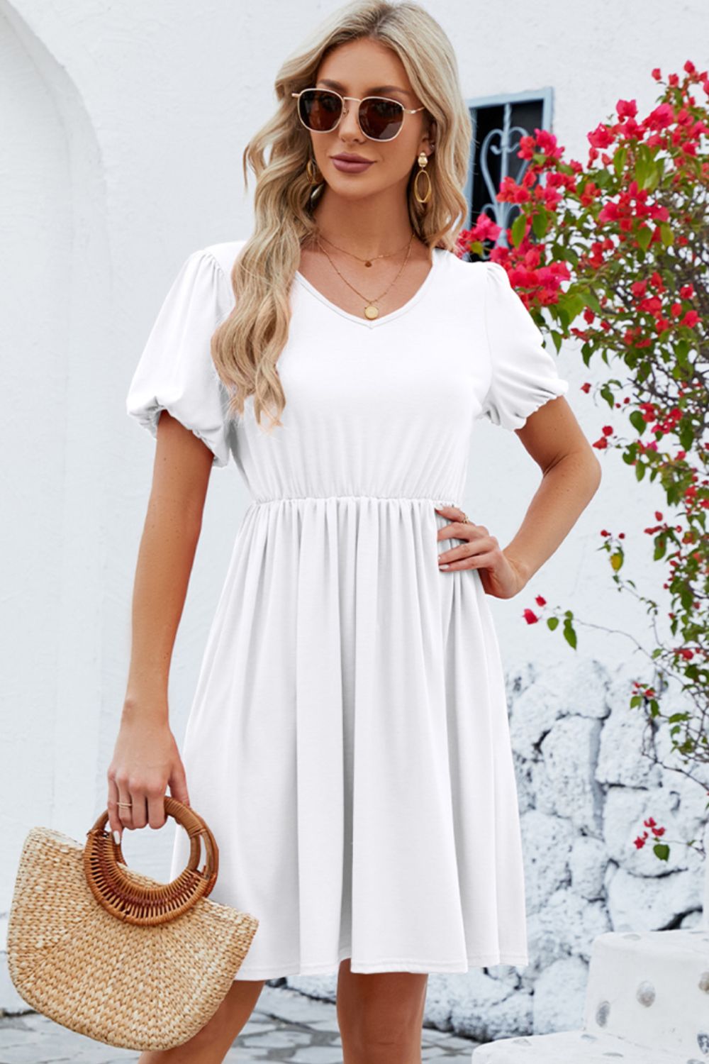 V-Neck Balloon Short Sleeve Dress-Teresa&#39;s Fashionista LLC