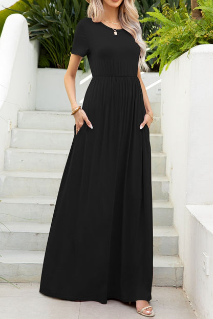 Round Neck Maxi Tee Dress with Pockets-Teresa&#39;s Fashionista LLC