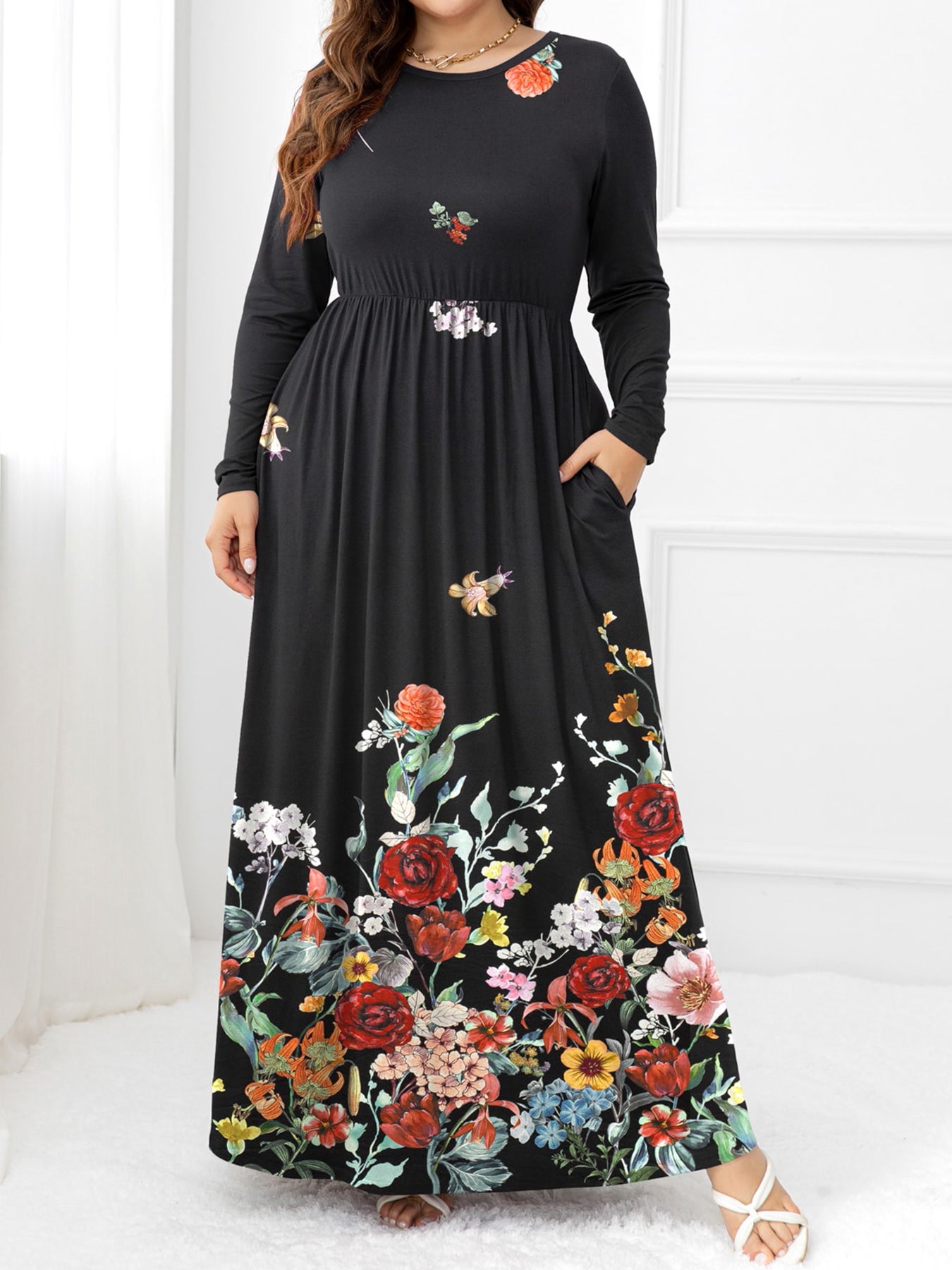 Plus Size Round Neck Maxi Dress with Pockets-Teresa&#39;s Fashionista LLC