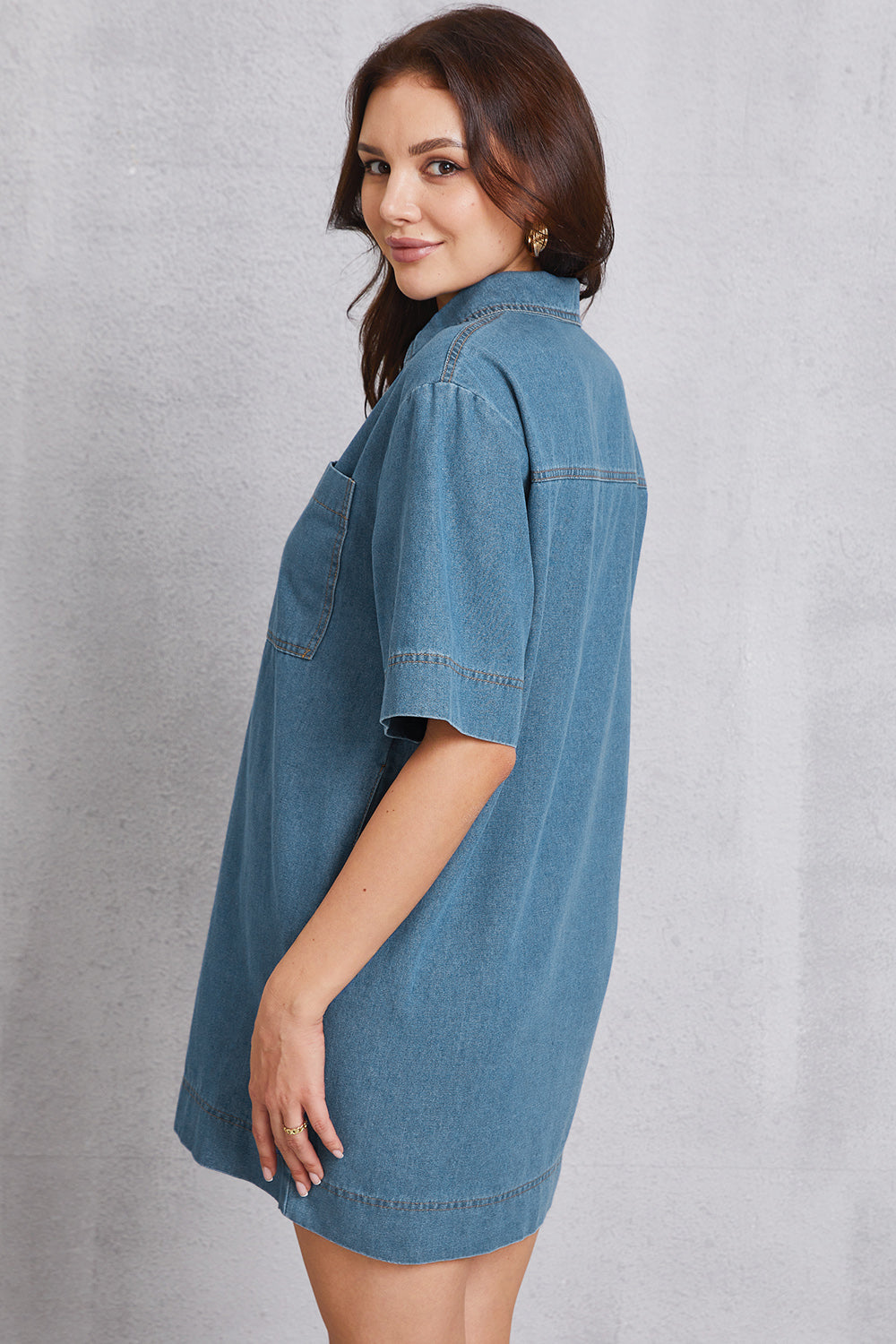 Pocketed Collared Neck Mini Denim Dress-Teresa&#39;s Fashionista LLC