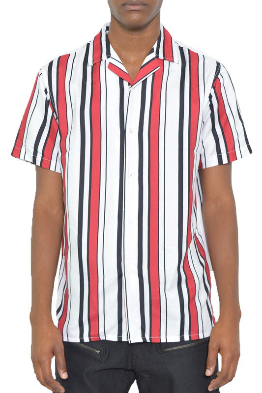 MENS SHORT SLEEVE STRIPED BUTTON DOWN SHIRT PRINT-Teresa&#39;s Fashionista LLC