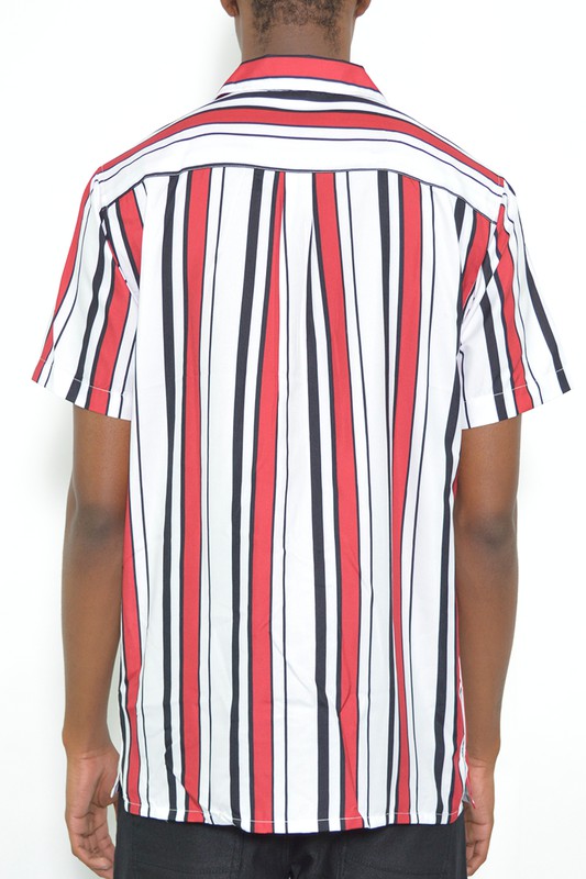 MENS SHORT SLEEVE STRIPED BUTTON DOWN SHIRT PRINT-Teresa&#39;s Fashionista LLC