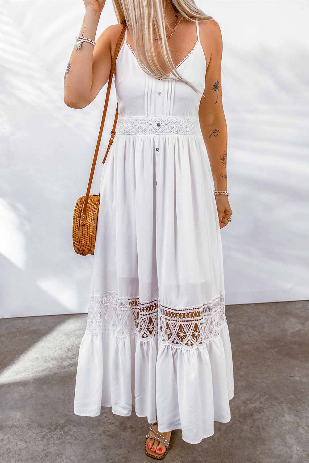 Buttoned Spliced Lace Spaghetti Strap Maxi Dress-Teresa&#39;s Fashionista LLC