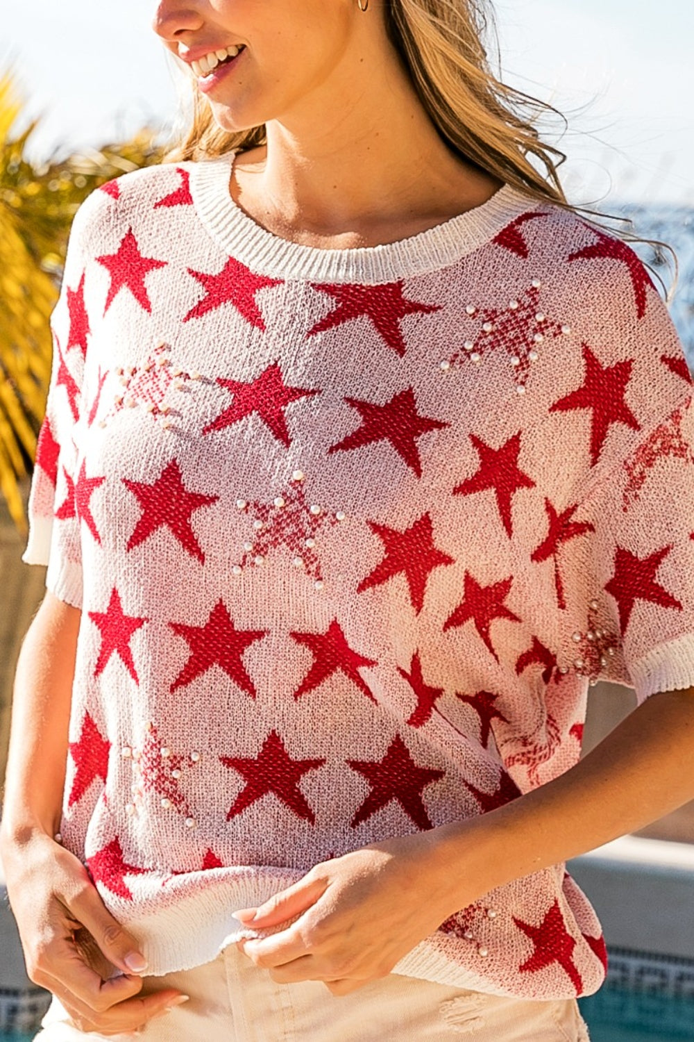 BiBi Star Pattern Round Neck Short Sleeve Knit Top-Teresa&#39;s Fashionista LLC