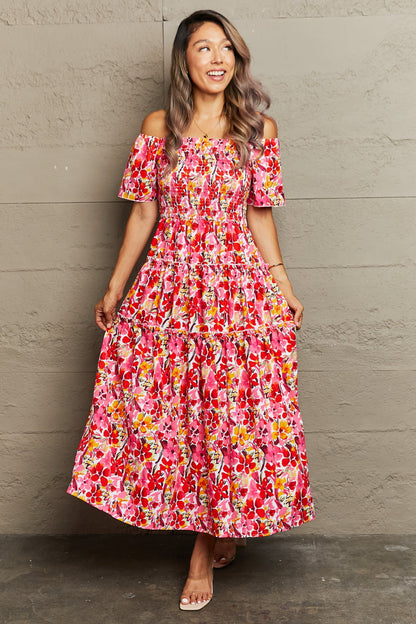 Floral Off-Shoulder Frill Trim Maxi Dress-Teresa&#39;s Fashionista LLC