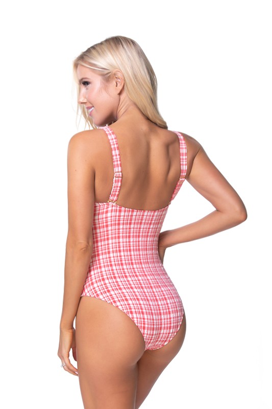 TEEXTURED PLAID CUTOUT ONE PIECE SWIMSUIT-Teresa&#39;s Fashionista LLC