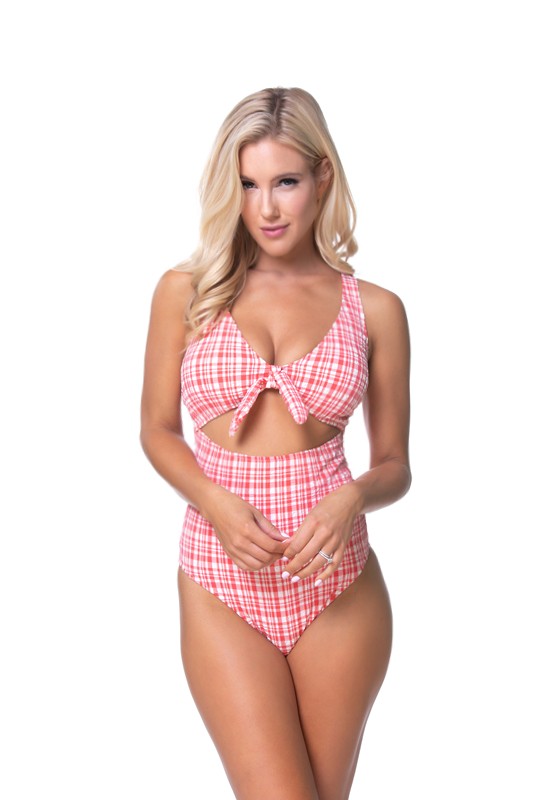 TEEXTURED PLAID CUTOUT ONE PIECE SWIMSUIT-Teresa&#39;s Fashionista LLC