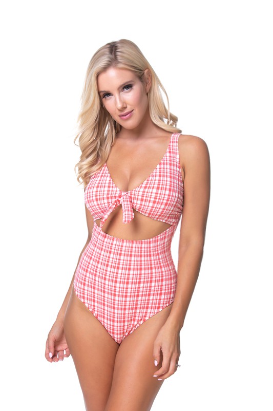 TEEXTURED PLAID CUTOUT ONE PIECE SWIMSUIT-Teresa&#39;s Fashionista LLC