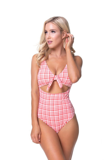 TEEXTURED PLAID CUTOUT ONE PIECE SWIMSUIT-Teresa&#39;s Fashionista LLC