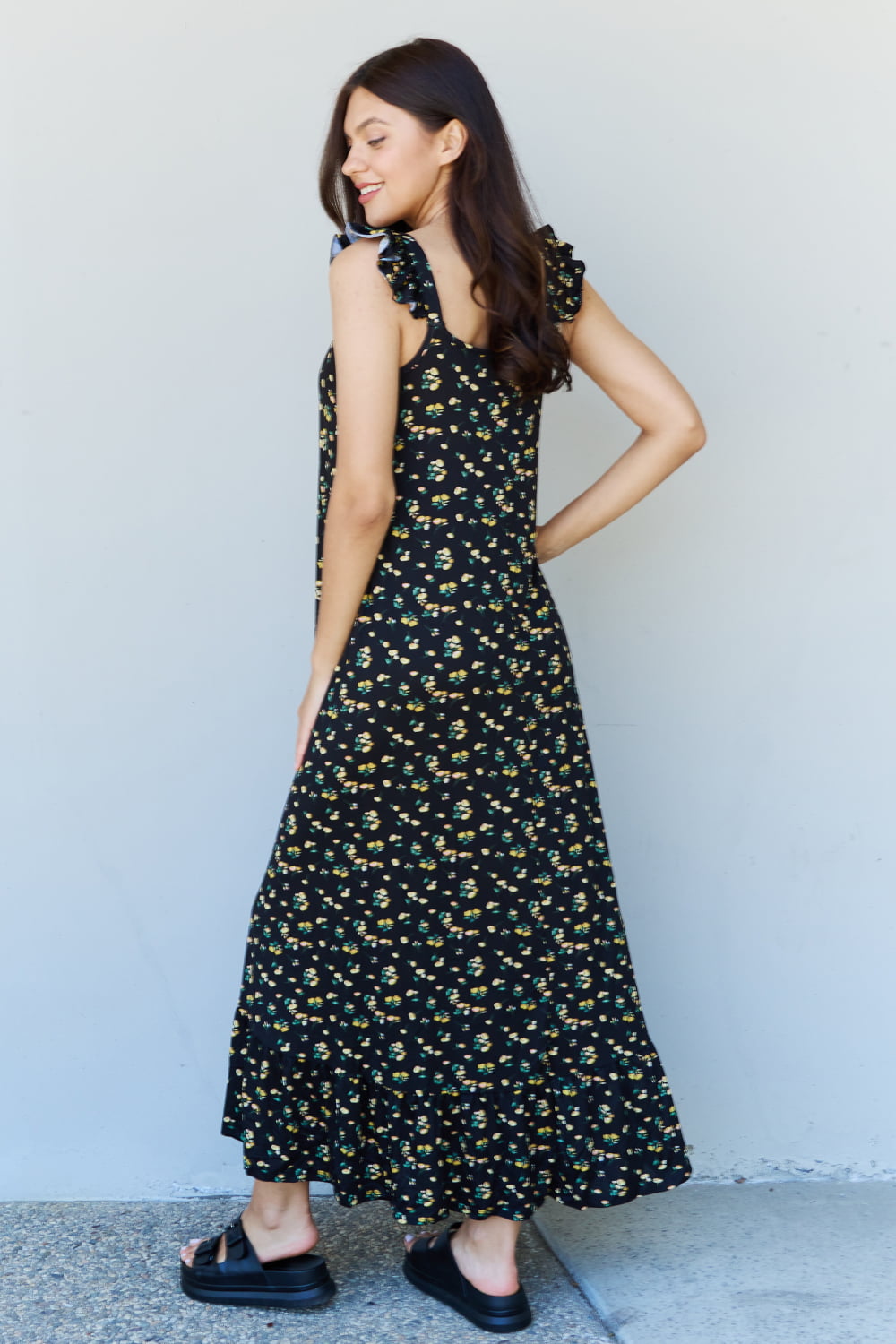 Doublju In The Garden Ruffle Floral Maxi Dress in Black Yellow Floral-Teresa&#39;s Fashionista LLC