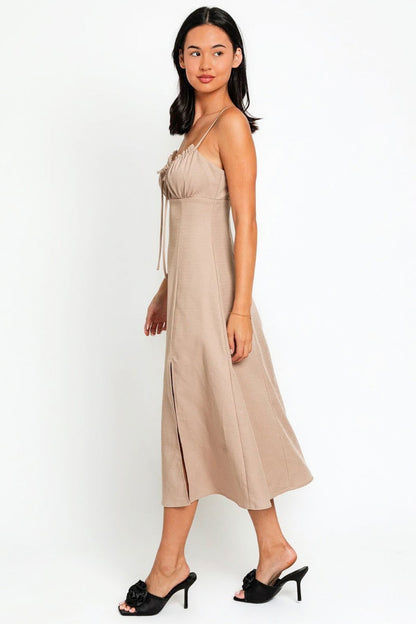 Tasha Apparel Flare Front Tie Front Slit Midi Dress-Teresa&#39;s Fashionista LLC